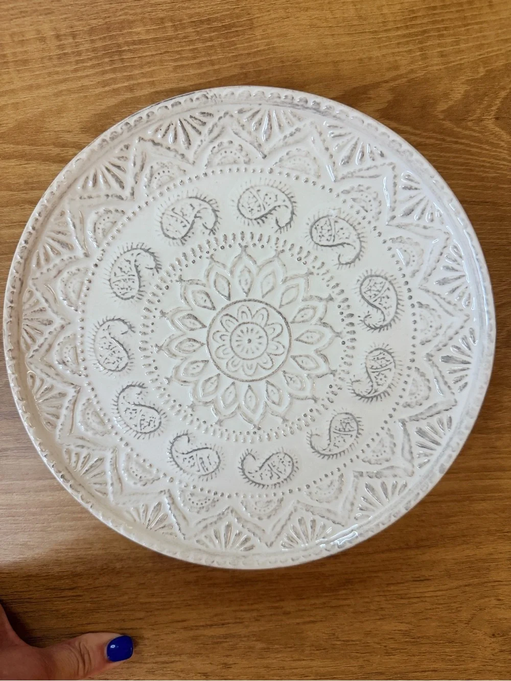 Pier 1 White Ceramic Embossed Decorative  Plates Set of 2 Mandala Design